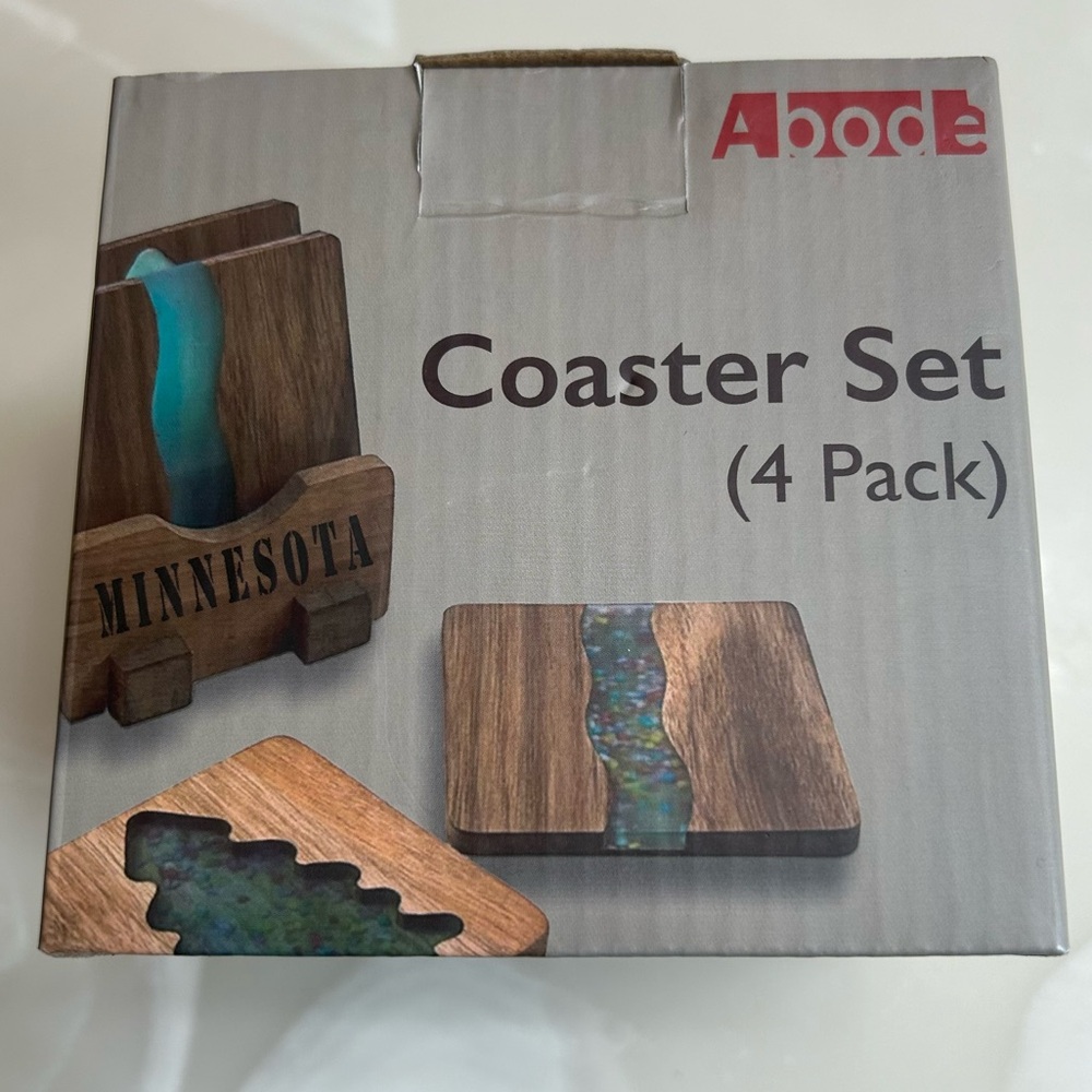 NIB Abode Wood Square Coasters Resin Epoxy Set of 4 River & Trees Minnesota